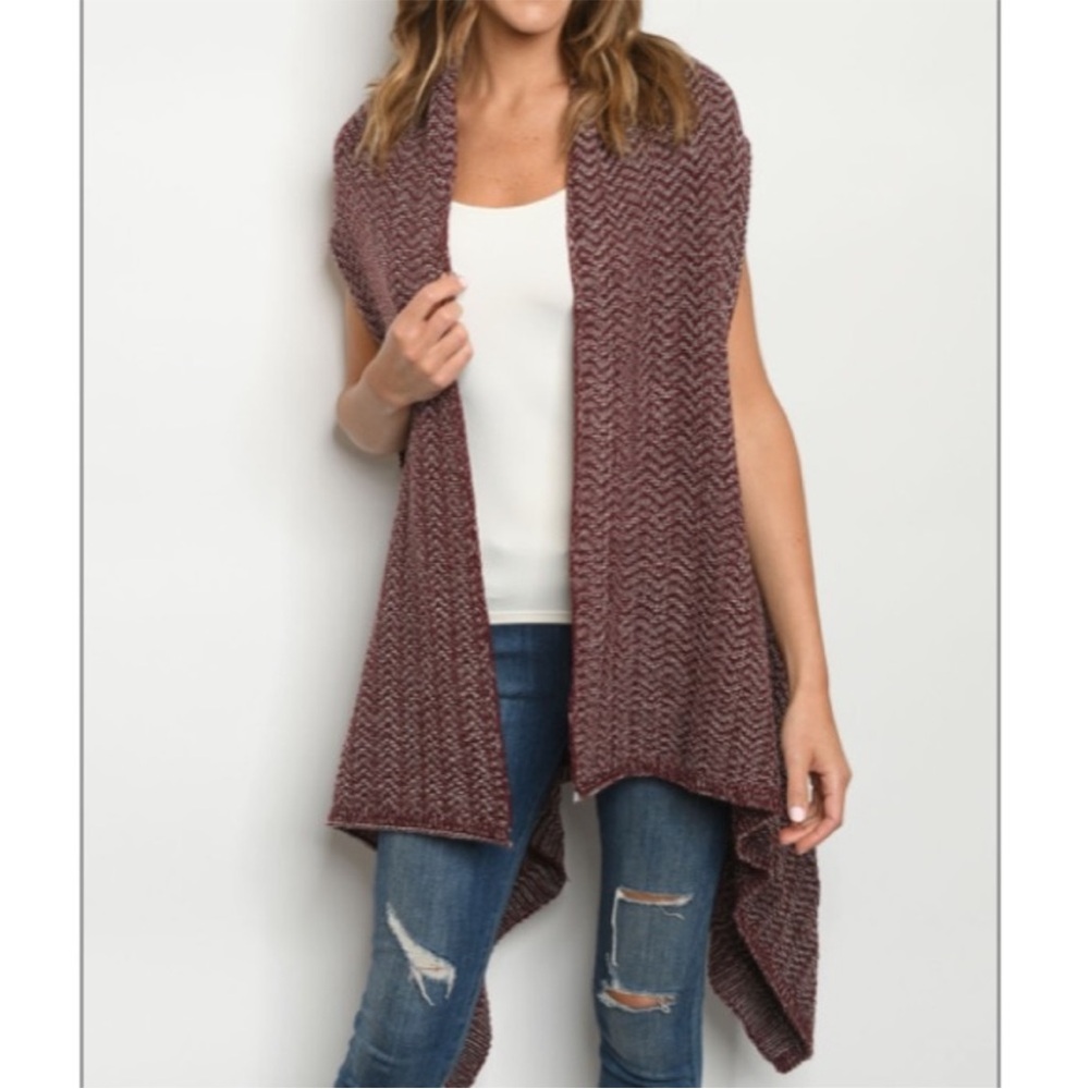 Wine & Ivory Color Long Open Style Cardigan - Picture 8 of 9